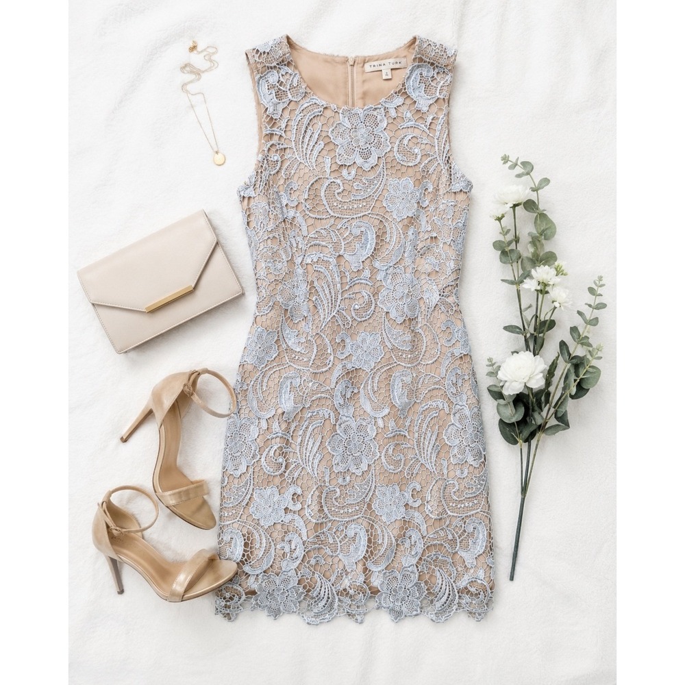 Shilla Light Blue Floral Guipure Lace Mini Dress Nude Lining Sleeveless Small